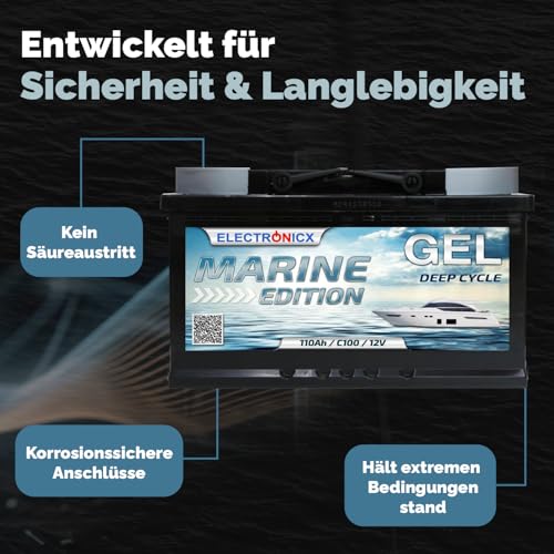 Electronicx Gel Versorgungsbatterie 12V 110Ah / 110 Ah Marine Edition – Gel-Technologie, 315x175x190mm, Pluspol rechts, Deep Cycle Batterie für Boot, Solar, Wohnmobil, Van, Photovoltaik, Yacht