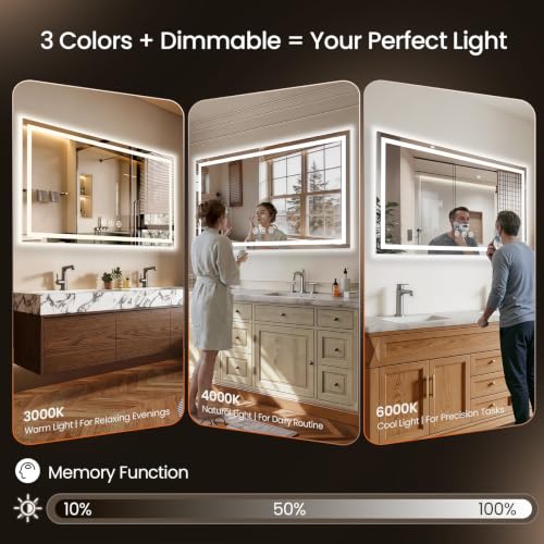 Image of 60x36 LED Bathroom Mirror with Anti-Fog, Backlit & Front Lit, Memory | Stepless Dimmable 3 Color CRI 95+ Shatterproof Tempered Glass ETL Listed for Safety Lighted Bathroom Vanity Mirror for Wall