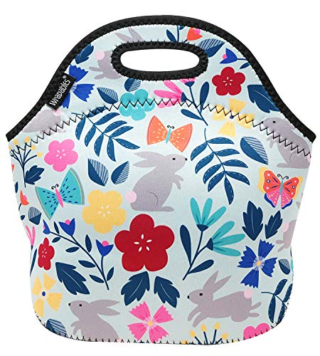 Wrapables Insulated Neoprene Lunch Bag Bolsas de Almuerzo Reutilizables, Conejos Florales Cover