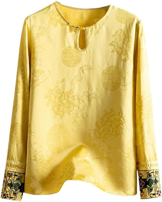 Women's Retro Jacquard Rayon Blouse Summer Round Neck Frog Button Retro Embroidered Tang Suit Top