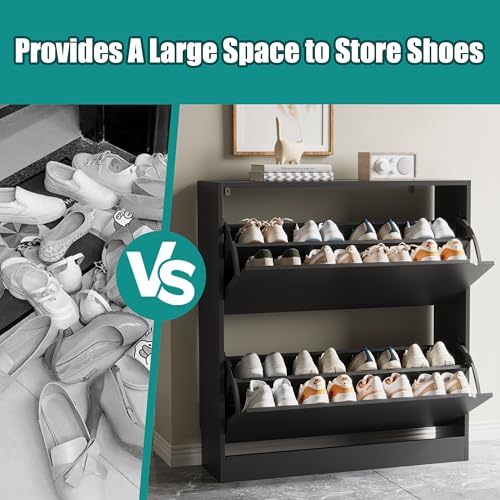 Image of Xixini Shoe Storage Cabinet for Entryway with 2 Flip Drawers, Wood Freestanding Hidden Shoe Storage, Sturdy Narrow Slim Shoe Organizer for Front Door Entrance, Living Room, Hallway, Bedroom, Black