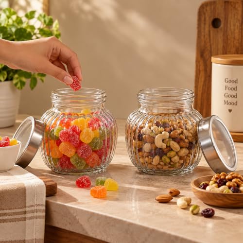 Image of bellemax 650ML Ribbed Glass Storage Jar with Airtight Metal Lid | Clear Kitchen Storage Container for Dry Fruits, Snacks, Cookies, Candy, Spices & Pantry Organizer Set of 2