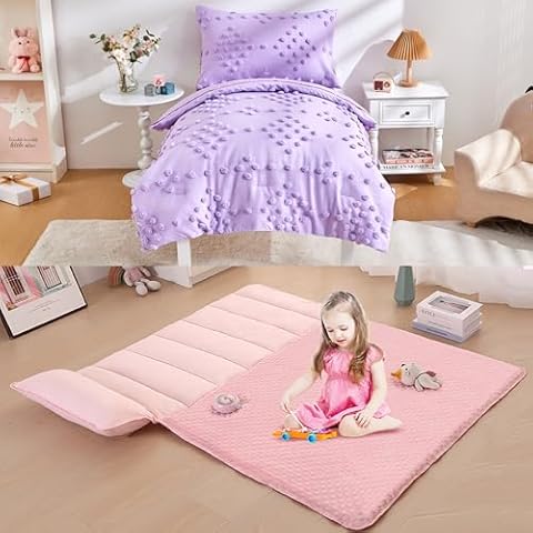 Cozyholy Purple Pom Pom Toddler Bedding Sets + Cute Tufted Nap Mats for Preschool Daycare Travel Cover