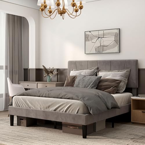 HOMCOM Cadre de lit Double, 140 x 190 cm, lit 2 Personnes, Cadre métallique, tête réglable, avec sommier, Rangement, Montage Facile, Gris