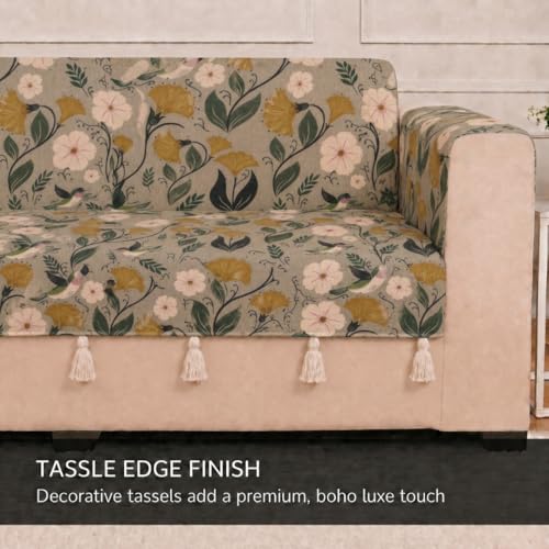 Image of STITCHNEST 'Eden Weaves Collection Series' 3 Seater Sofa Cover | Full Coverage with Armrest Pockets | Elegant Woven Fabric, Decorative Tassels, Washable & Durable for Modern Living