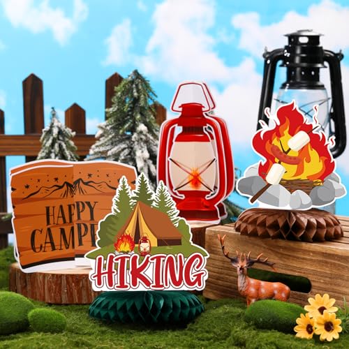 Image of Yuntau 12 Pcs Summer Camping Party Decorations Happy Camper Honeycomb Centerpieces Adventure Decoration Camping Party Table Sign Campfire Adventure Bears Table Toppers 3D Decor for Birthday