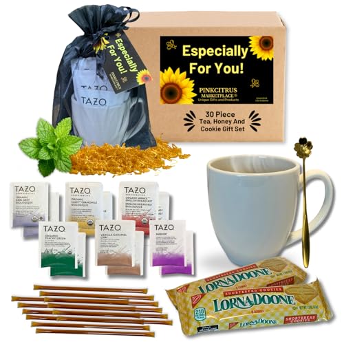 Tea Honey And Cookies Lovers Gift Basket Set Care Package For Women, Men, Family and Friends, Get Well Soon, 12 Teabags Assortment 6 Flavors, 2 Packs Shortbread Cookies, 12 Honey Straw With 14oz Mug