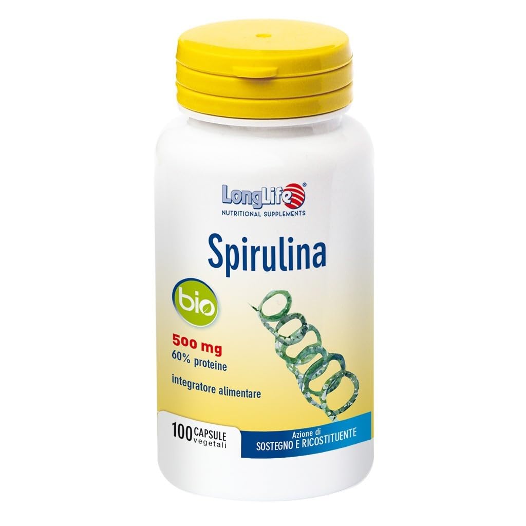 LongLife® Spirulina Bio | Alga spirulina titolata in proteine, ficocianina, clorofilla e carotenoidi | Biologica | Azione di sostegno e ricostituente | 100 capsule vegetali | Vegano e senza glutine