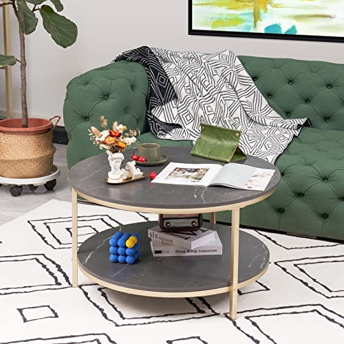 hitsuki Marmor Couchtisch Rund, Wohnzimmertisch mit 2 Ebenen, Beistelltisch Schwarz aus Gold Metallgestell, Sofatisch fürs Wohnzimmer, Büro, Schlafzimmer, Balkon Cover