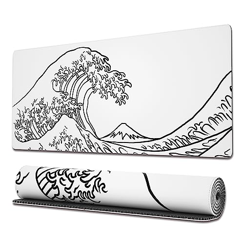 Image of Ovenbird Gaming Mouse Pad with Stitched Edges, Japanese Wave White Extended XL Mousepad with Anti-Slip Base, Cool Large Mouse Pad for Desk, 31.5 x 11.8 in, White