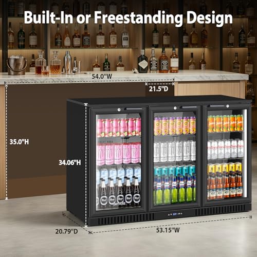 Image of ORYMUSE 53 inch Commercial Back Bar Cooler with 3 Glass Doors, 11.2 Cu.Ft Under Counter Beverage Refrigerator, Built-in or Freestanding Bar Fridge with Safety Lock & LED Light for Restaurant, Club, Hotel