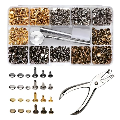 maxtachi 360Pcs Leather Rivets Kit, 3 Sizes Double Cap Tubular Rivets for Metal, Flat Tubular Metal Studs with Leather Hole Punch Pliers and Fixing Tool Kit, for Leather Craft Repair Decoration