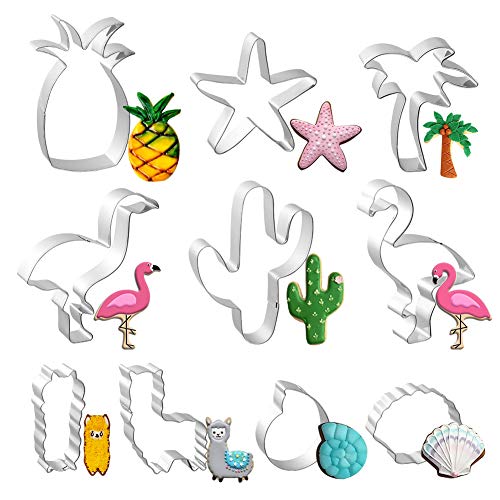 10 PCS Tropical Cookie Cutters Stainless Steel Hawaiian Cutter Molds for Biscuit Fondant Fruit Bread - Cactus Llama Flamingo Palm Tree Pineapple Starfish Sea Shell