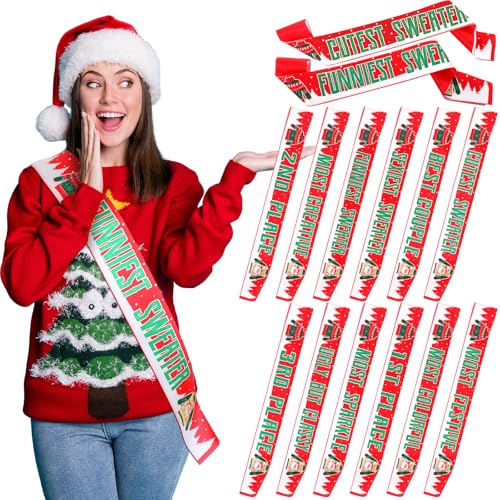 Blosssound 12 Pcs Christmas Ugly Sweater Contest Sashes Christmas Party Trophy Award Xmas Funny Costume Contest Prize Party Game Favors Dress up Costume for Teens Adults Holiday Supplies