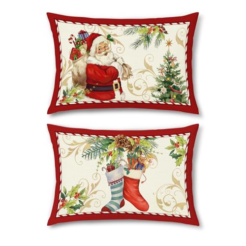 Bonhause 2er Set Kissenbezüge Weihnachten Weihnachtsbaum Socken Santa...