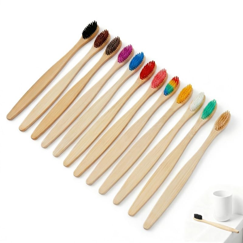 Lot de 12 Brosses à Dents en Bambou Écologiques, Poils Souples Fibre de Charbon Végétal, Sans BPA, Vegan, Zéro Plastique,Pour Famille Voyage