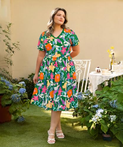 Image of RITERA Plus Size Dresses for Curvy Women Summer Spring Womens Dress V Neck Short Sleeve Casual Dress with Pockets XL-5XL