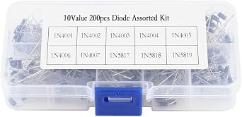 200pcs Diodes,10 Values Zener Diode Kit Including 1N4001,1N4002,1N4003,1N4004,1N4005,1N4006,1N4007,1N5817,1N5818,1N5819 with Storage Box for Electronics Hobbyist