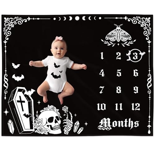 Image of Gicoherero Gothic Baby Monthly Milestone Blanket, Goth Girl Boy Baby Shower Growth Chart Photo Prop Stuff Background for Newborn Mom Moth Nursery Bat Halloween Decorations 40" X 50"