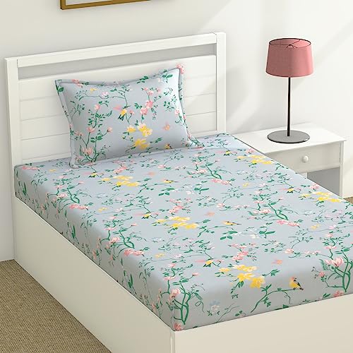 Image of Haus and Kinder Single Bed Sheet Cotton Single Bedsheet with Pillow Cover 60 x 90 Bedsheet for Single Bed Cotton Single Bedsheet - Blue Color