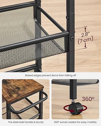 فاساجيل عربة دوارة رفيعة، عربة تخزين من 5 طبقات، عربة ضيقة مع مقبض، عمق 8.7 انش، اطار معدني، للمطبخ وغرفة الطعام وغرفة المعيشة والمكتب المنزلي، بني ريفي واسود كلاسيكي ULRC035B01