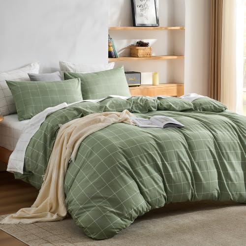 JELLYMONI 100% Cotton Plaid Full Duvet Cover Set, Green