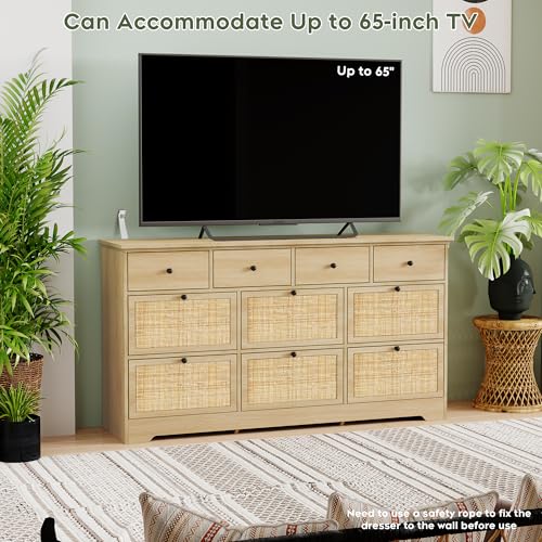 Yechen Natural Rattan 10 Deep Drawers Dresser, Mid-Century Dresser 59\" Wide Light Wood Chest of Drawers, Large Boho Oak Dressers with Smooth Metal Slides, Drawer Organizer for Bedroom Nursery Closet