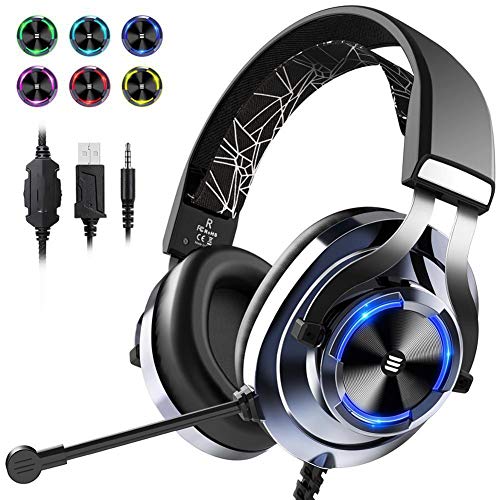 Auriculares gaming de 3.5mm con doble jack y microfono giratorio para PC o PS4 azul 3