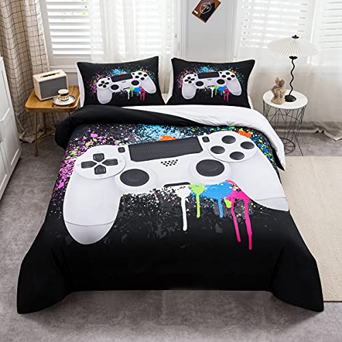 Gamepad Housse de Couette Garçons Gamer Ensemble de Literie 140x200cm Blanc Jeu Vidéo Gamepad Lits Ensemble pour Ados Enfants Chambre Décor Coloré Cravate Couleur...