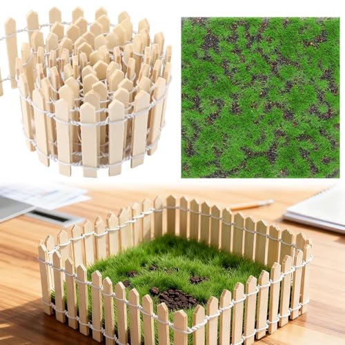 2 Pcs Miniature Garden Fence Miniature Garden Accessories, 1 Pcs 35 Inch Wood Picket Fencing Gate with 1 Pcs 6 X 6 Inches Fake Grass, Miniature Garden Accessories for Adult Miniature DIY Decoration