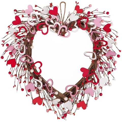 Besteek Valentines Day Wreath for Front Door Decor, 18 Inch Valentines Wooden Heart Wreath Artificial Red Pink White Berries for Home Wall Wedding Party Anniversary Valentines Day Decor Cover