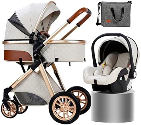 WIGSELBL Folding Baby Stroller Pushchair Carseat and Strollers Combo Foldable Carriage Luxury Pushchair Stroller Shock Absorption Springs High View Pram Coches para Bebes (Color : White)