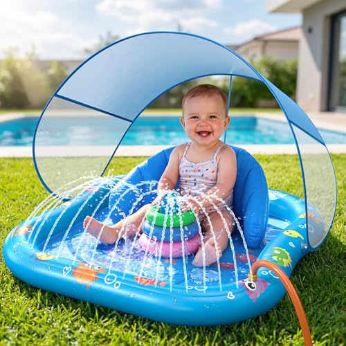 Baby Splash Pad with Sprinkler, Inflatable Baby Pool Float with Canopy, Backrest & Stackable Rings, Baby Pool Sprinkler Mat for Toddlers, Summer Outdoor Water Play Toys for Backyard, Garden & Beach