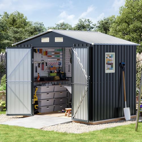 Grovellis 6x8FT Outdoor Metal Storage Shed, Double Door, 1 Clear Window, Tool Shed for Garden,...