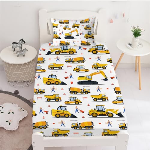 Yasida Twin Fitted Sheet Kids Car Sheets Twin Cartoon Excavator Truck Lifter Bedding 3D Printed Washable Machines Sheets with 1 Fitted Sheet + 1Pillowcases