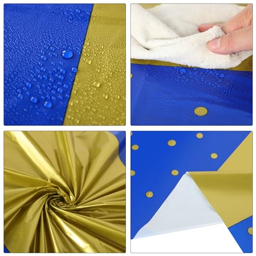 Image of Oudain 6 Pcs Blue and Gold Tablecloth for Parties Plastic Dot Tablecloths Printed Table Runner Waterproof Disposable Rectangle Table Cover for Birthday Wedding Graduation Party, 54 inch x 108 inch