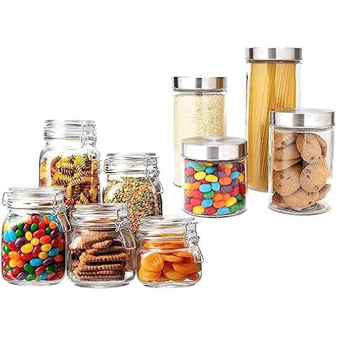 EatNeat 5 Piece Storage Glass Jars & 4 Piece Glass Food Storage Canisters with Stainless Steel Lids - Food Storage Jars for Kitchen and Pantry - Glass Containers for Kitchen With Airtight Locking Lids Cover