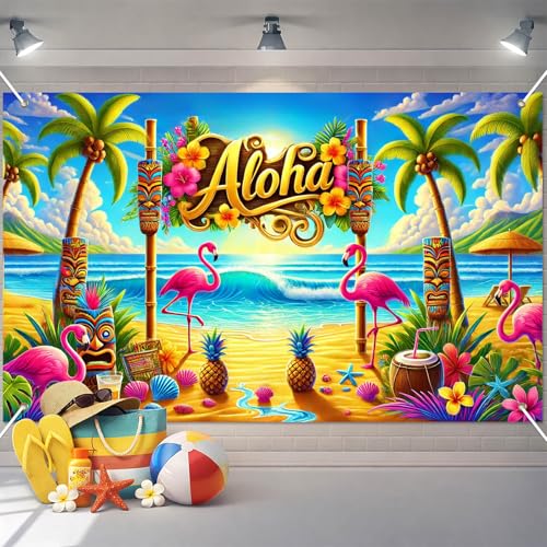 Image of BlissYard Aloha Beach Banner 71 x 43 Inch Hawaiian Luau Party Decorations Summer Beach Backdrop with Flamingo Tiki Mask Palm Tree for Summer Pool Party Photo Booth Wall Decor