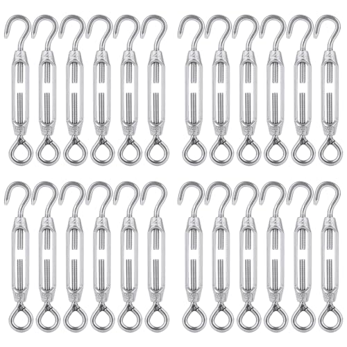 AHAQU 24PCS M4 Turnbuckle Wire Tensioner, Adjustable Hook and Eye Tensioners Rope Cable Tension Set, Heavy Duty 304 Stainless Steel Turnbuckles for Garden Wire, Fence, Outdoor Hanging