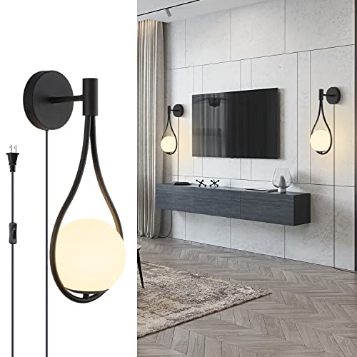 KCO Lighting Mid-Century Wall Sconce with On/Off Switch Industrial Wall Lamps Drop Design Wall Mounted Lamps for Bedside Living Room (Black Plug 1 Pack)