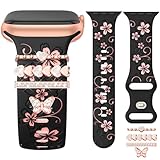 Fascino e cinturino per Apple Watch da 40 mm, 38 mm, 41 mm, 42 mm, 44 mm, 45 mm, 46 mm, 49 mm, per donne, con incisione floreale, in morbido silicone, sportivo, anello decorativo per iWatch serie 10 9