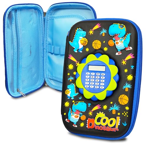 Image of VGRASSP Dinosaur Theme Stationery Pencil Case for Kids with Mini Calculator - 3D EVA Zipper Pouch with Multi Storage Compartments - Fun School Stationery Organizer - Multicolor