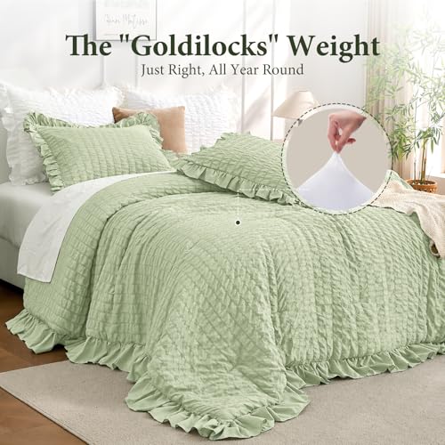 Image of JOLLYVOGUE Sage Green Comforter Full Size, 3 Pieces Seersucker Lightweight Full Size Bedding, All Season Fluffy Microfiber Bedding Comforter Set with 1 Ruffle Comforter and 2 Ruffle Pillowshams