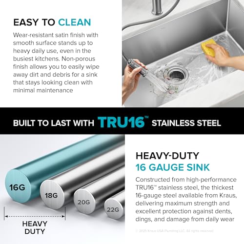 KRAUS Stainless Steel 30 in 16 Gauge Undermount Kitchen Sink KHU100-30 | 16-gauge TRU16 steel construction, rounded corners for easy cleaning, channel grooves for draining, NoiseDefend pads - image 9