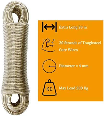 Washing Line Rope Strong, 20m Heavy Duty Extra Strong Steel Core Clothes Lines, Strong Washing Line, Rust-proof and Waterproof for Outside Garden