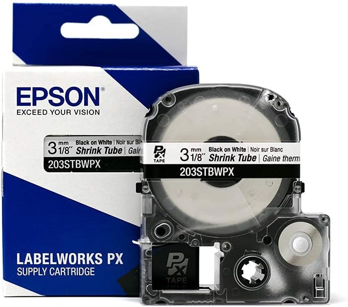 Epson LABELWORKS 203STBWPX Tape Cartridge - Black on White Shrink Tube Industrial Label Maker Tape - AWG 16-22, 1/8" (3MM) Wide, 8 ft (96")