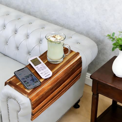 Image of FUNKYLEE Acacia Wood Couch Armrest Table, Couch Arm Tray with Removable Couch Cup Holder, 2 in 1 Design Foldable Anti-Slip Acacia Wood Sofa Arm Tray for Remote Controls, Phones, Cups and Snacks