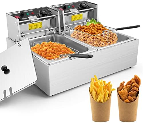 Hopekings Deep Fryer, 20.7QT Commercial Deep Fryer with 2 x 6.35QT Baskets Stainless Steel Countertop Oil Fryer with Temperature Limiter and Over Current Protection for Home Kitchen and Restaurant