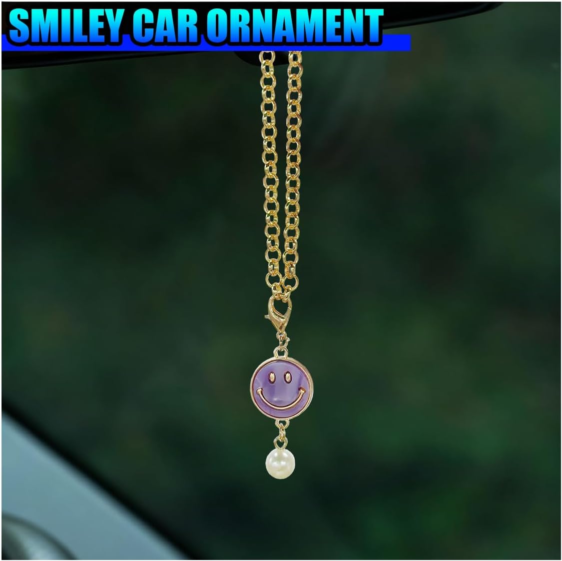 Cute Car Hanging Ornament, Happy Smiley Face Car Rear View Mirrors Charm, Aesthetic Pearl Auto Decoration Pendant, Creative Vehicle Interior Mirror Accessories (Purple) image 4