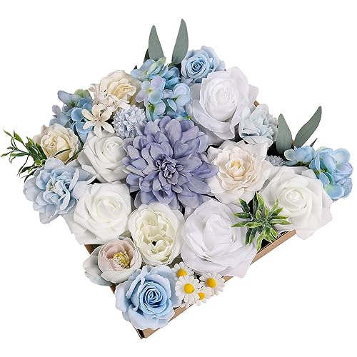 DEEMEI Fake Flowers Roses, Silk Light Blue Roses Flowers Artificial Flowers Combo Box for DIY Wedding Bouquets Centerpieces Arrangements Party Baby Shower Bridal Shower Home Decorations (Light Blue)